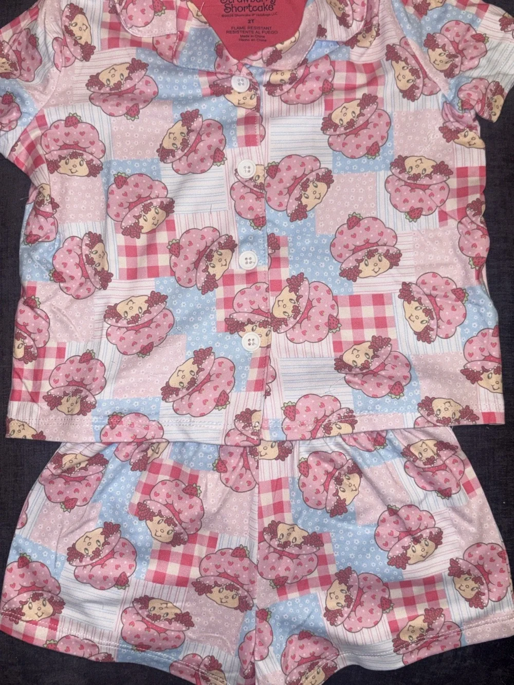 Girls Strawberry Patch Shortie Pajama Set - Pink/Blue